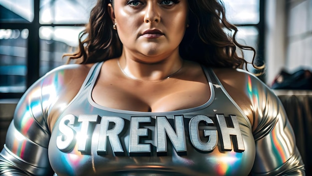 Holographic Plus Size Model Shoulders with Strength Text concept as A sleek glossy holographic image