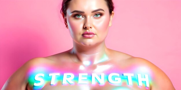 Photo holographic plus size model shoulders with strength text concept as a sleek glossy holographic image