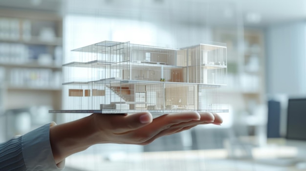 holographic projection of a modern house architecture model being displayed above a persons open hand