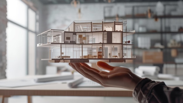 holographic projection of a modern house architecture model being displayed above a persons open hand