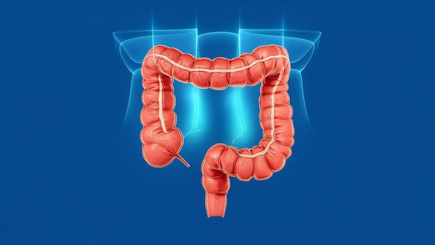 A holographic projection of a scan o intestine on a blue background