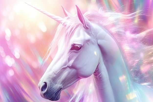 Holographic rainbow unicorn with pastel colors abstract background and light flares