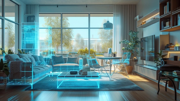 A holographic representation of an airy home office featuring simulated ergonomic furniture and