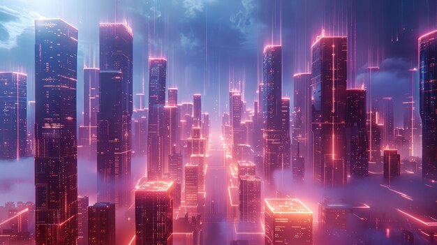 A holographic representation of a futuristic city skyline with shimmering skyscrapers and floating platforms bathed in ethereal light projecting an aura of advanced technology and innovation