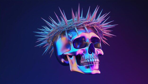 Photo holographic skull adorned with a crown of thorns