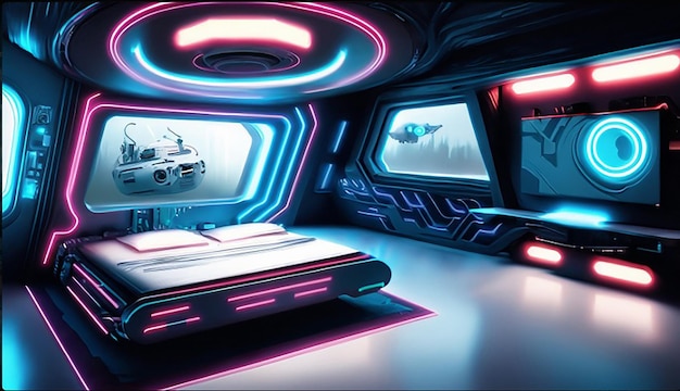 A holographic smart modern hightech scifi cyberpunk futuristic bedroom interior 3d home decor