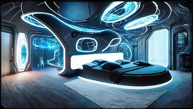 A holographic smart modern hightech scifi cyberpunk futuristic bedroom interior 3d home decor