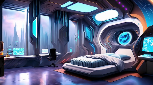 A holographic smart modern hightech scifi cyberpunk futuristic bedroom interior 3d home decor