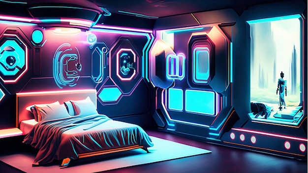 A holographic smart modern hightech scifi cyberpunk futuristic bedroom interior 3d home decor