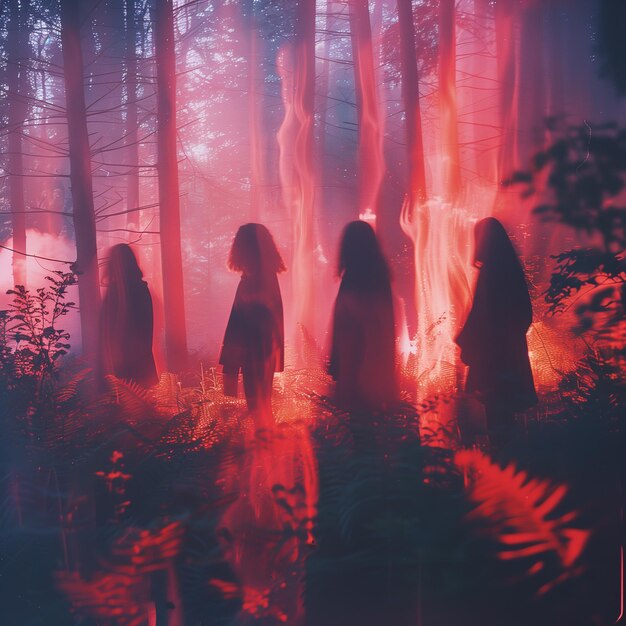 Photo holographic witches coven in a neonlit digital forest