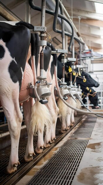 Photo holstein cows being milked using machines at dairy farm