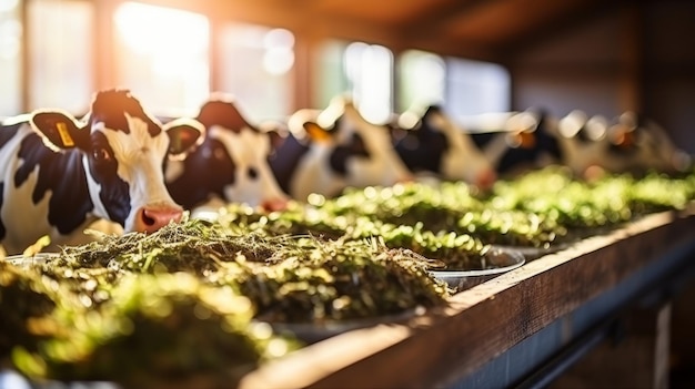 Photo holstein cows feeding on hay in sunlit dairy barn showcasing sustainable livestock farming practices