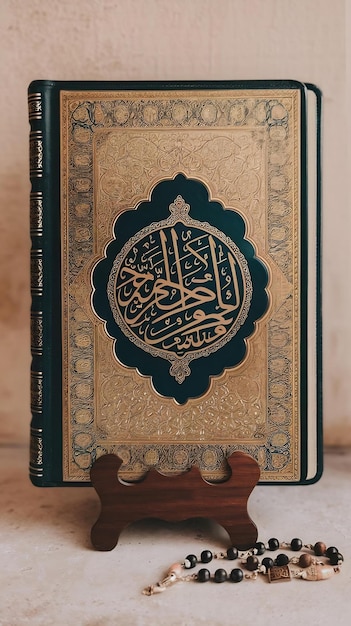 The holy al quran with written arabic calligraphy al quran and rosary beads or tasbih