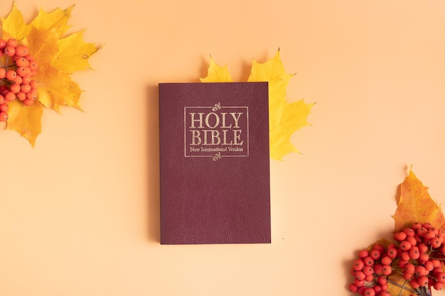 Holy bible with autumn yellow leaf on orange background top view