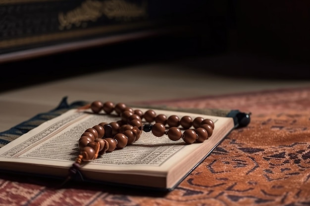 The holy book Quran with prayer beads on the top of it Muslim recitation and prayer place illustration Quran opened on a prayer rug with Arabic designs Islamic prayer concept Generative AI