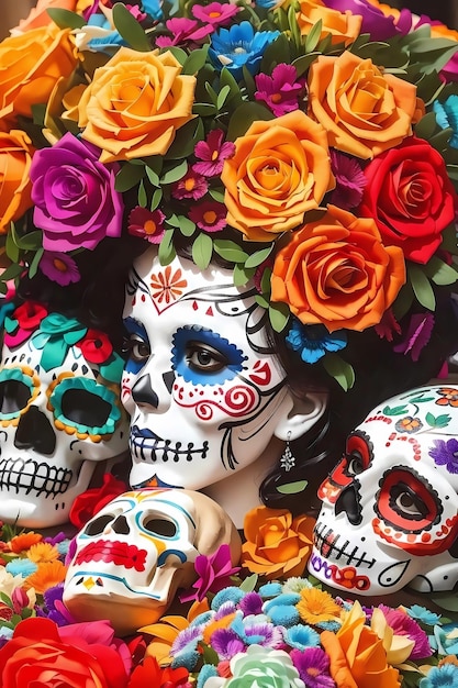 holy death girl skull with flowers on her head flor de muert day of the dead