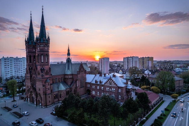 Holy Family Cathedral Church in Tarnow Poland Skyline of City Illuminated at Dusk Cityscape and Architecture from Above