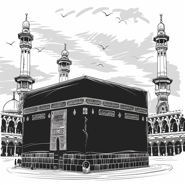 Holy kaaba in mecca saudi arabia hand drawn sketch vector illustration