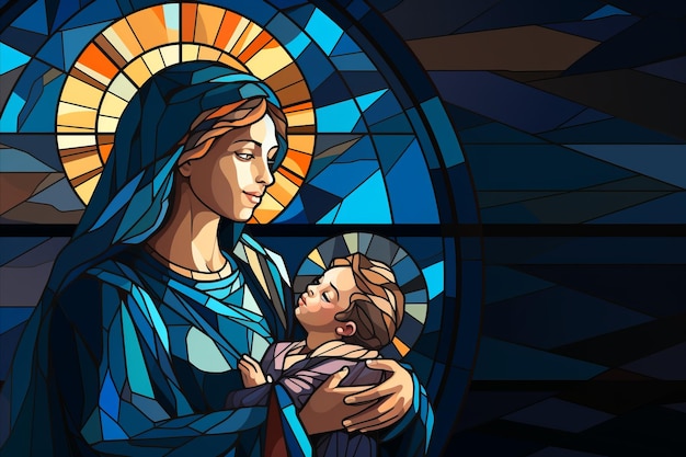 Holy Mary with Baby Jesus Christ Culture and Religion Concept Stained Glass Window Illustration