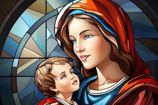 Holy Mary with Baby Jesus in Colorful Stained Glass Cultural and Religious Illustration