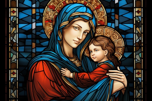 Holy Mary with Baby Jesus Culture and Religion Concept Colorful Stained Glass Illustration