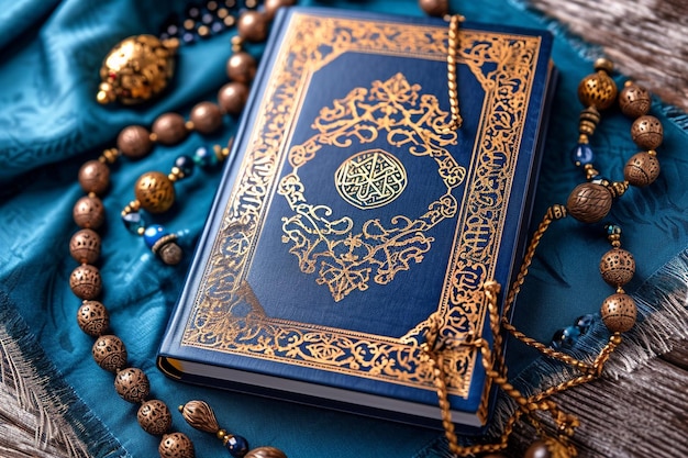 holy quran and beads on blue table in islamic tradition in the style of navy and brown