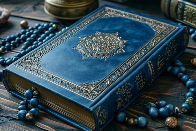 holy quran and beads on blue table in islamic tradition in the style of navy and brown