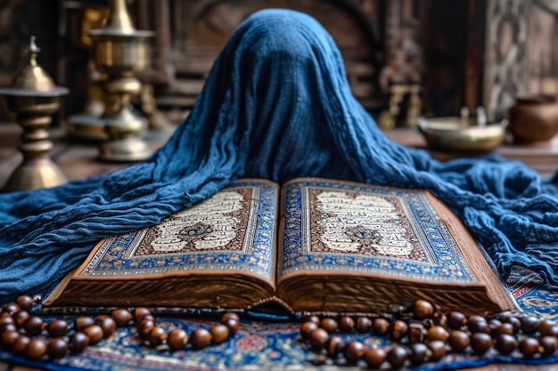 holy quran and beads on blue table in islamic tradition in the style of navy and brown