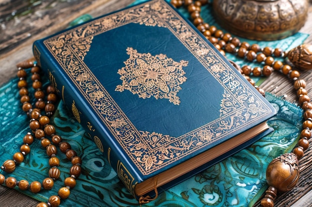 holy quran and beads on blue table in islamic tradition in the style of navy and brown