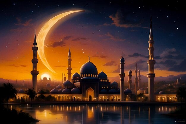 Holy Ramadan night sky with Islamic Mosque and full moon background tranquil city wallpaper