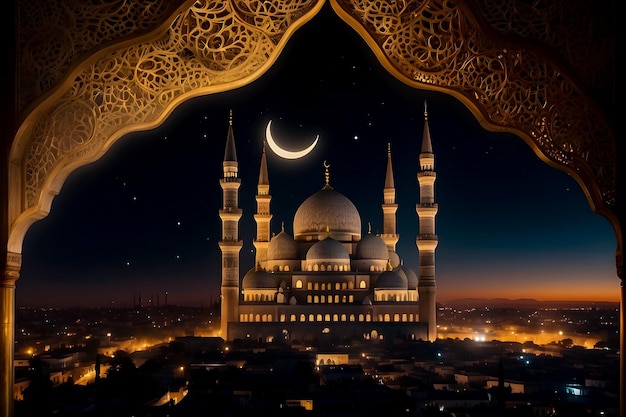 Holy Ramadan night sky with Islamic Mosque and full moon background tranquil city wallpaper