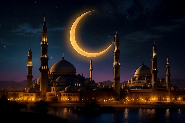 Holy Ramadan night sky with Islamic Mosque and full moon background tranquil city wallpaper