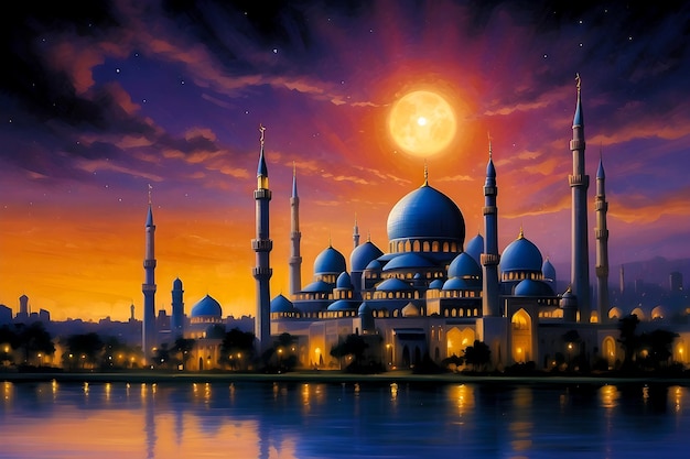 Holy Ramadan night sky with Islamic Mosque and full moon background tranquil city wallpaper