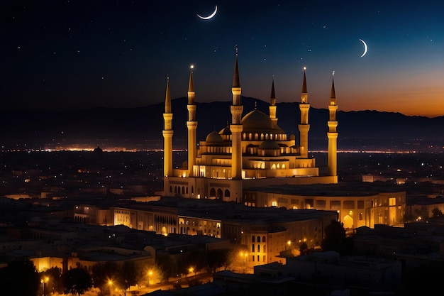 Holy Ramadan night sky with Islamic Mosque and full moon background tranquil city wallpaper