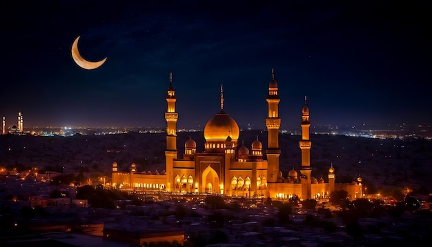 Holy Ramadan night sky with Islamic Mosque and full moon background tranquil city wallpaper