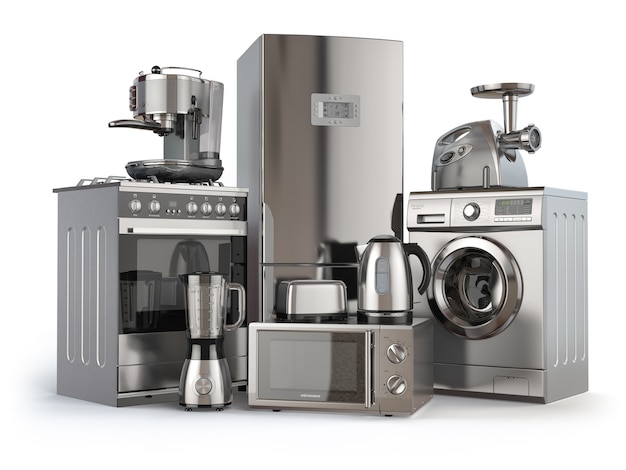 Home appliances. Gas cooker, refrigerator,  microwave and  washing machine, blender  toaster  coffee machine, meat ginder and kettle. 3d illustration