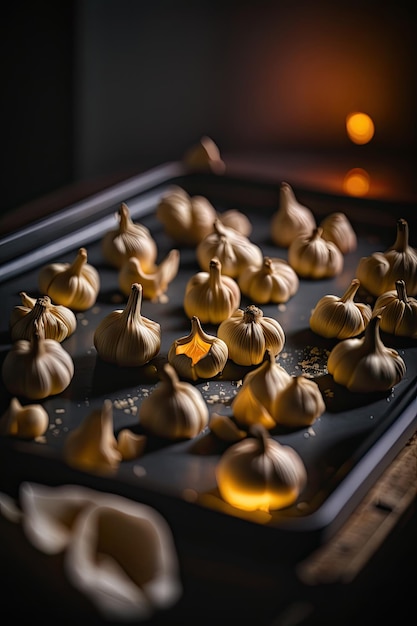 Home baked garlic cloves on a baking tray