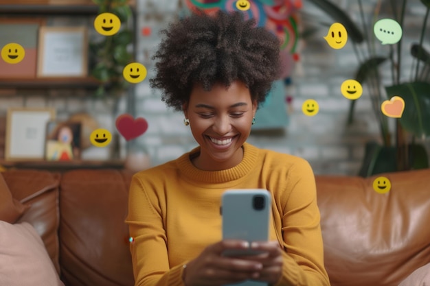 At home a Black woman smiles while using her smartphone on the couch with social media icons around showcasing her online activity Generative AI