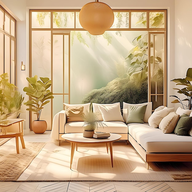 Home a calming living space with a natural color palette and soft lighting evoking tranquility