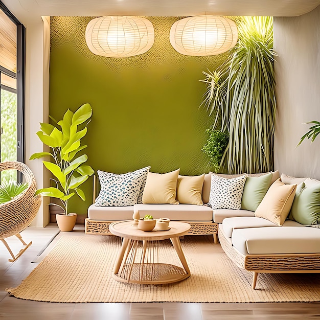 Home a calming living space with a natural color palette and soft lighting evoking tranquility