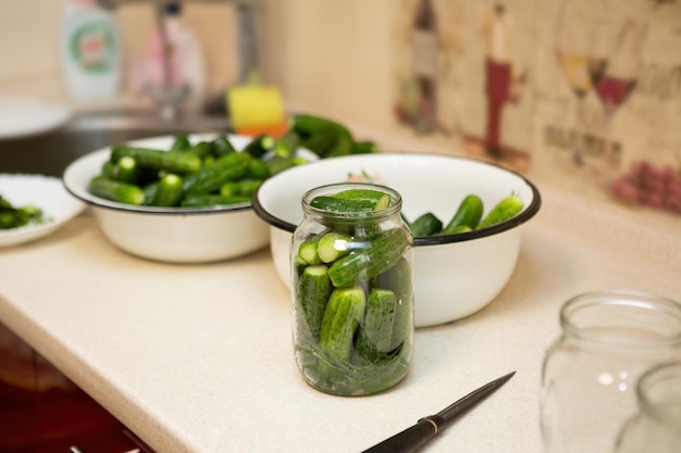 Home canning of organic vegetables Preparing cucumbers