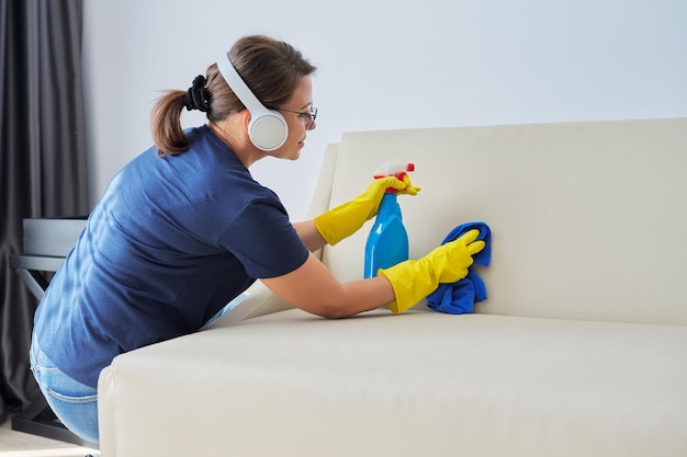 Home cleaning, woman in headphones with rag and spray with detergent washing leather sofa. Housework, housekeeping, household, cleanliness concept