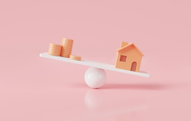 Home and coin on the seesawEconomic and debt crisis affecting the price of housesReal estate business mortgage investment concepthome property investmenthouse mortgage3D render illustration