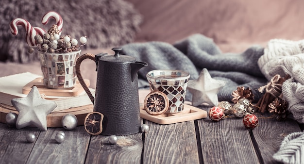 home comfort, details of the festive interior on a wooden table