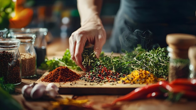 Photo home cook experimenting with aromatic spices and herbs for creative culinary process