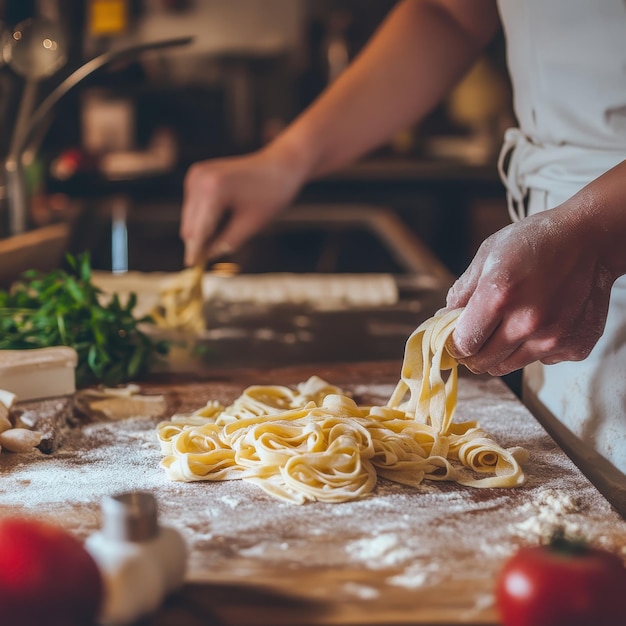 Photo home cook making pasta from scratch in kitchen