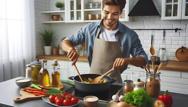 Photo home cook preparing meal with modern cookware