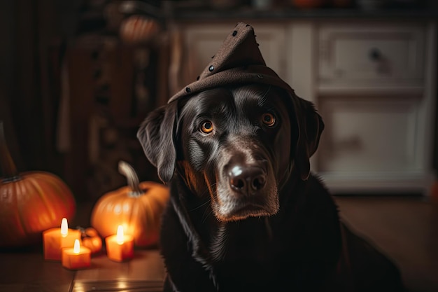 At home a cute labrador dog with Halloween pumpkins and a witch hat