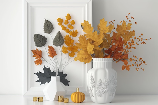 Home decor Colorful autumn leaves in a vase on white