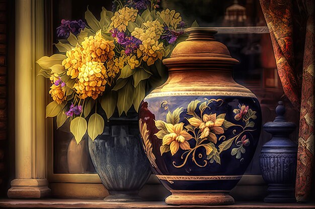 Home decor shop with closeup of beautiful vase and flowers generative ai